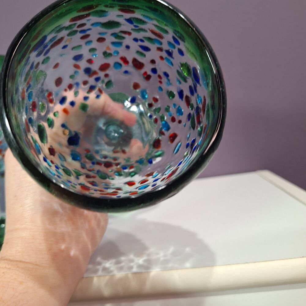 Hand-blown thick confetti glass wayer goblets set of 2 green blue speckled - Picture 3 of 5